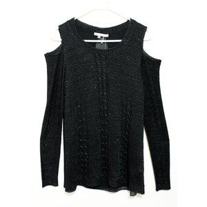 SIONI Women Glittering Knit Cold Shoulder Sweater Black S